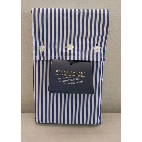 Ralph Lauren Organic Shirting Stripe Cotton Two Standard Pillowcases Blue White - Picture 1 of 9